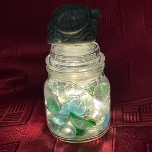 Aquatic accent with fairy lights, blue, green glass pebbles, Red Rose turtle